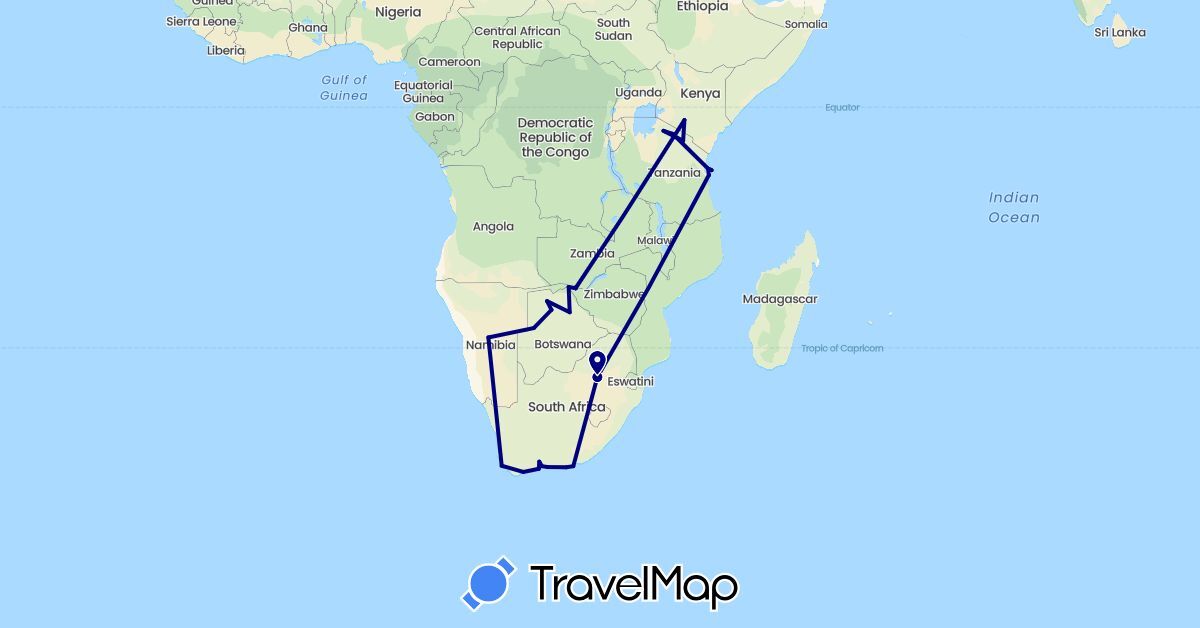 TravelMap itinerary: driving in Botswana, Kenya, Namibia, Tanzania, South Africa, Zambia, Zimbabwe (Africa)